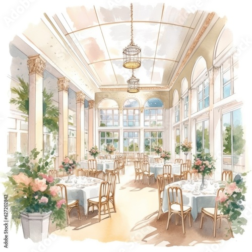 wedding venue, classic decoration, in pastel drawing style