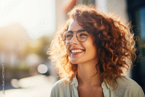 Fototapeta Portrait of happy young woman wearing glasses outdoors