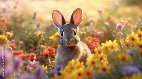 Cute Easter Bunny in a Field of Flowers. Generative AI © roy9