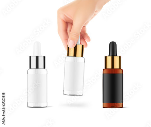 Realistic dropper bottle mockup with hand. Vector illustration isolated on white background. Сan be used for cosmetic, medical and other needs. EPS10.