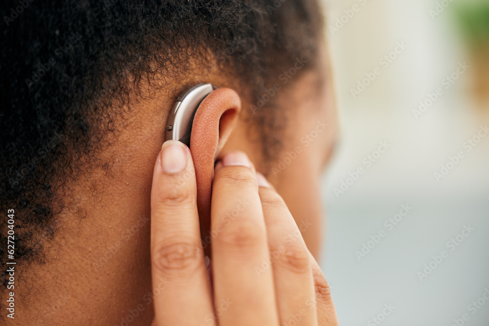 Closeup of ear, hearing aid and person disability from the back for ...