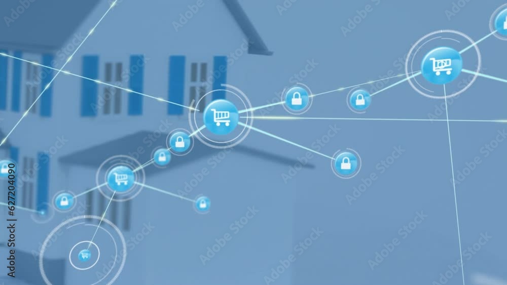 Animation of network of connections with icons over 3d house model on white background Animation of network of connections with icons over 3d house model on white background