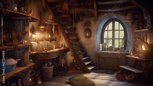 Interior of Small Elf or Dwarf House. Generative AI © roy9
