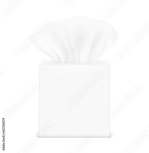 Realistic tissue sheets with box. Vector illustration isolated on white background. Front view. Can be use for template your design, presentation, promo, ad. EPS10.