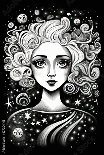 Abstract big eyed magical cosmic quirky women face digital painting illustration. Fashionable monochrome portrait. Stylish contemporary artwork, minimal, modern trendy print