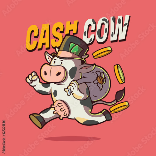 Cow character running with money vector illustration. Finance, funny, brand design concept.