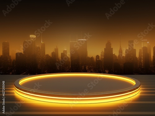Abstract minimalistic scene with geometric shapes. Podium stage with yellow neon light for presentation AI