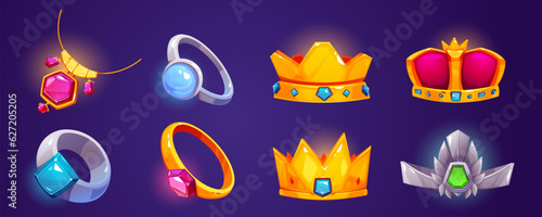 Cartoon jewelry accessories set isolated on background. Vector illustration of golden and silver rings, royal crowns, necklace decorated with colorful precious gemstones. Medieval game treasure assets