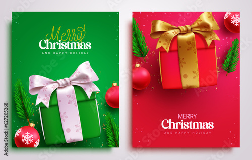 Merry christmas text vector poster design. Christmas greeting with gift boxes ornaments and elements for holiday season background. Vector illustration seasonal card lay out collection.