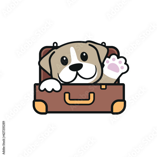 Traveling with dogs. Cute dog inside travel suitcase. Coloured Vector Logo