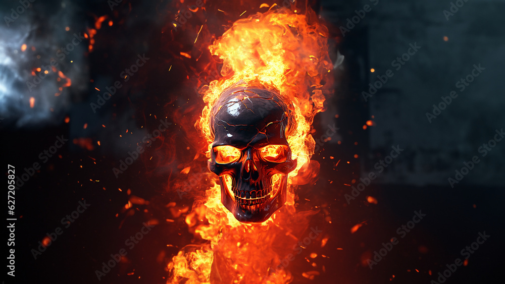 Brennender Totenkopf mit Feuerflamme und Glut als Poster und Hintergrundmotiv, ai generativ Brennender Totenkopf mit Feuerflamme und Glut als Poster und Hintergrundmotiv, ai generativ