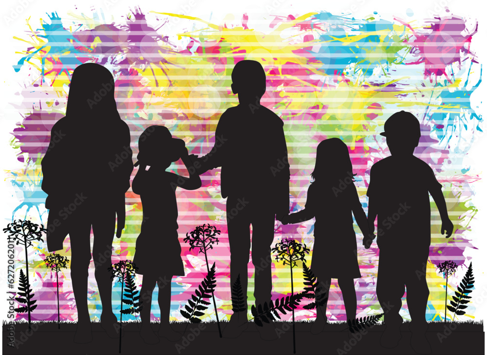 Naklejka premium Silhouettes of children outdoors.