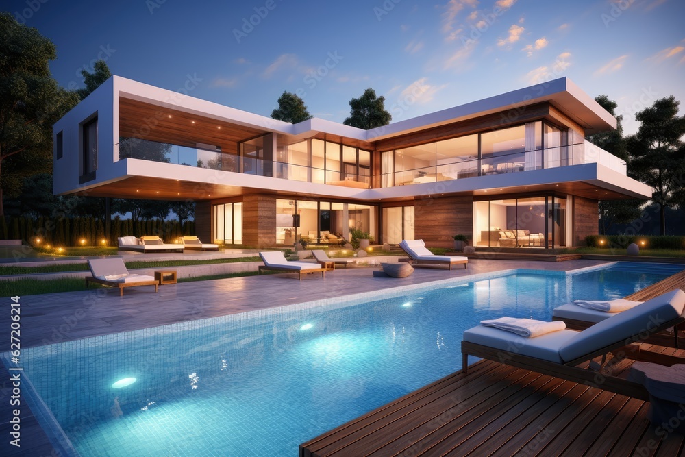 3d rendering of modern cozy house with pool and parking for sale or rent in luxurious style.  Clear summer night with many stars on the sky. modern house terrace with swimming pool, AI Generated