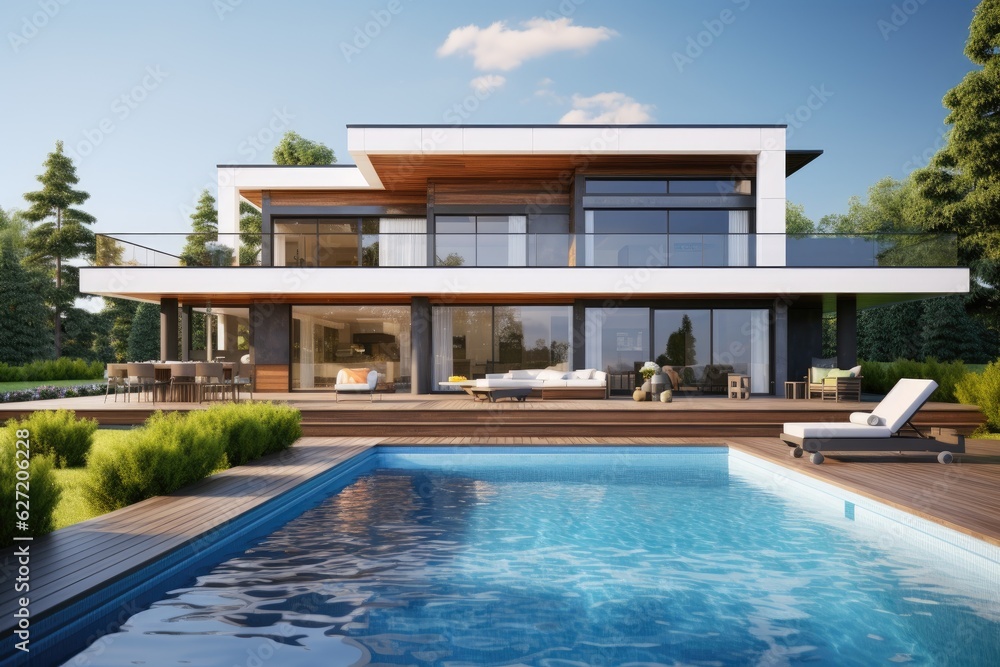 3d rendering of modern cozy house with pool and parking for sale in luxurious style. Clear sunny summer day with blue sky. 3d rendering of a modern house terrace with swimming pool, AI Generated