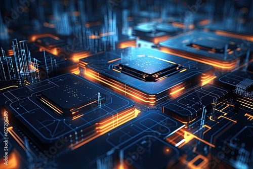 Circuit board background. 3d rendering, 3d illustration. 3d rendering of abstract technology background. High tech network concept, AI Generated