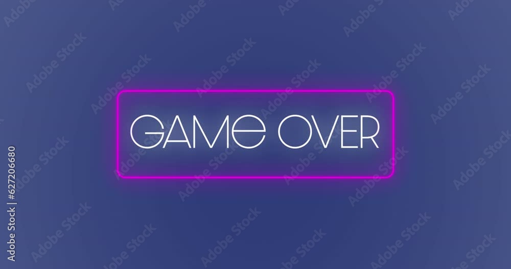 Animation of game over text over neon frame and blue background Animation of game over text over neon frame and blue background