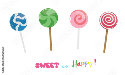 Sweet lollipop vector set. Colorful striped lollipops with various spiral and ray patterns. Multicolored round candy on stick vector illustration in cartoon style isolated on white.