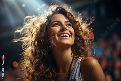 elegant young woman smiling in nature sitting in the park, generative AI