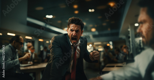 A visibly agitated supervisor in the office environment, vocally expressing his dissatisfaction, reinforcing the urgency and intensity of the corporate setting