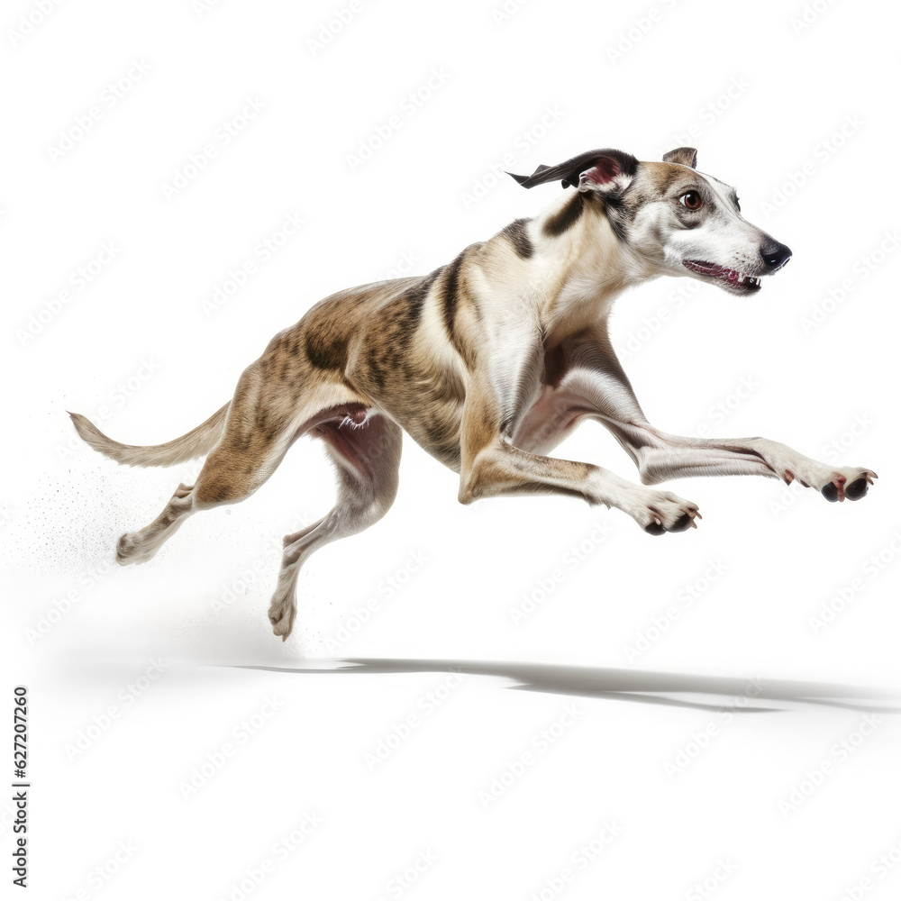 A Greyhound (Canis lupus familiaris) as a sprinter, crossing a tiny finish line.