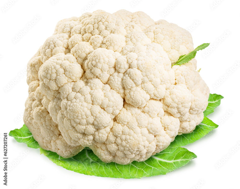 Cauliflower cabbage over green leaf on white background. File contains clipping path. Cauliflower cabbage over green leaf on white background. File contains clipping path.