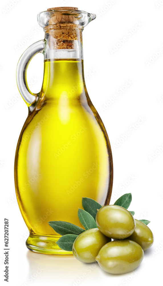 Bottle of olive oil and green olives with leaves on white background. Close-up. Bottle of olive oil and green olives with leaves on white background. Close-up.
