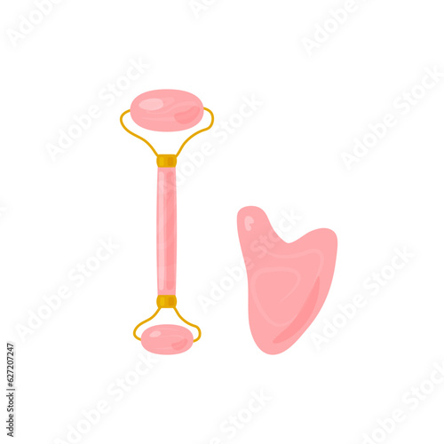 Flat quartz facial massage roller with pink stone and gua che scraper.
Isolated on white background, skin care products.
Vector set eps 10.