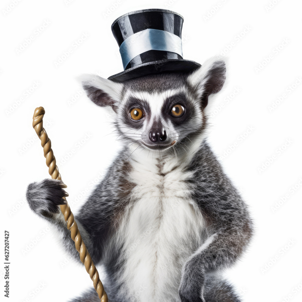 A Lemur (Lemuridae) with a ringmaster's hat and whip.