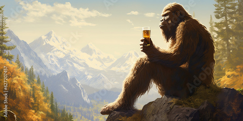 Leinwand Poster Sasquatch drinking a cold craft beer with scenic view
