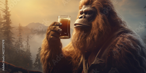 Sasquatch drinking a cold craft beer with scenic view. Generative AI photo