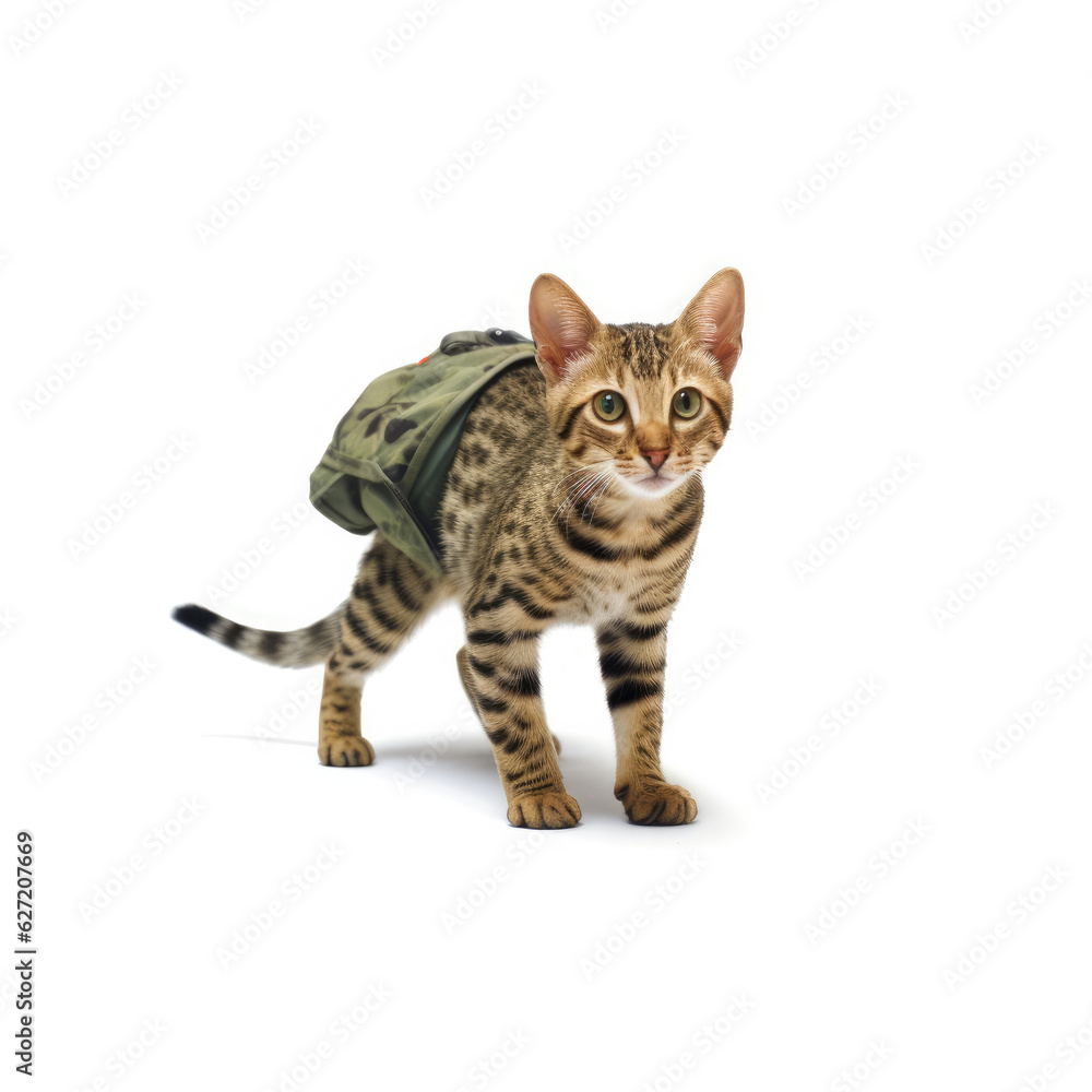 A Ocicat (Felis catus) in a hunter's outfit, stalking a tiny toy mouse. A Ocicat (Felis catus) in a hunter's outfit, stalking a tiny toy mouse.