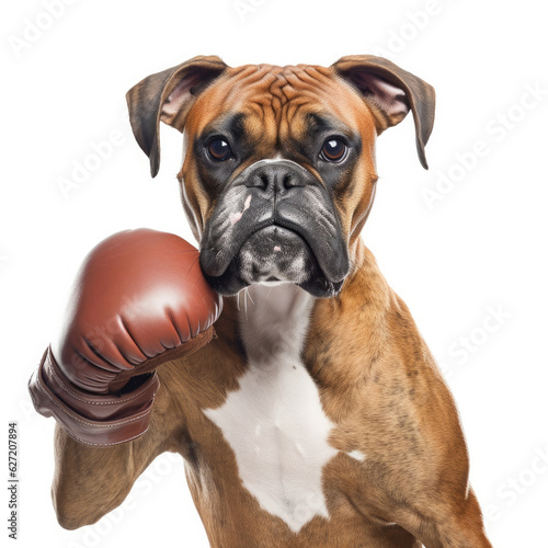 A Boxer (Canis lupus familiaris) in a boxer's outfit, punching a tiny boxing bag.