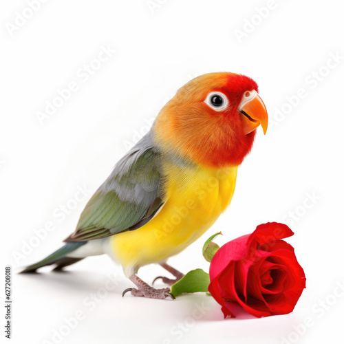A Lovebird  Agapornis  as a mini Romeo  with a rose in its beak.