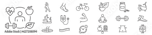 Healthy Lifestyle editable line icons wellness relaxation health exercise yoga spa diet wellbeing collection. photo