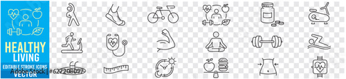 Healthy Lifestyle editable line icons wellness relaxation health exercise yoga spa diet wellbeing collection.