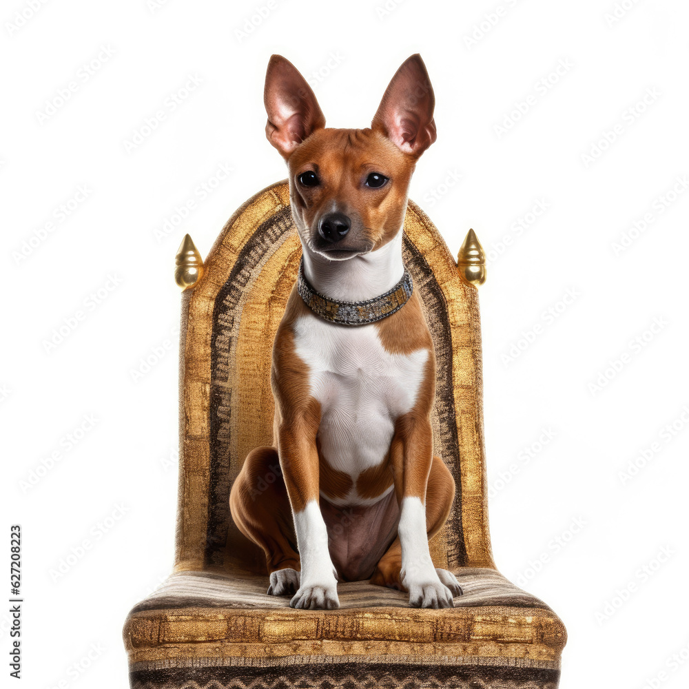 A Basenji (Canis lupus familiaris) as a pharaoh, sitting on a tiny throne.