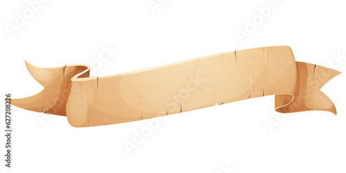 Parchment paper scroll ribbon, old vintage banner game ui element in cartoon style isolated on white background.