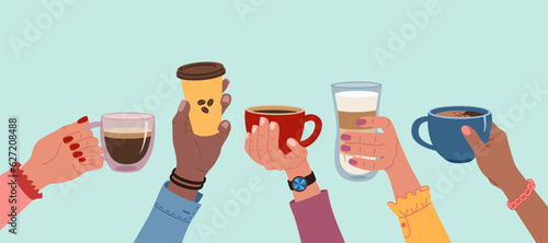 Set of diverse hands holding a cups of coffee, espresso or cappuccino. Morning hot drink. Coffee break. Hand drawn vector illustration isolated on light background. Modern flat cartoon style.