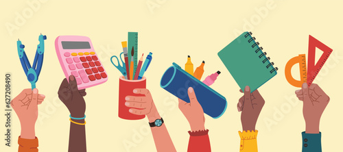 Diverse hands holding school supplies. Notebook, calculator, pens, rulers, pencil case, paint brushes, scissors. Hand drawn vector illustration isolated on light background, flat cartoon style.