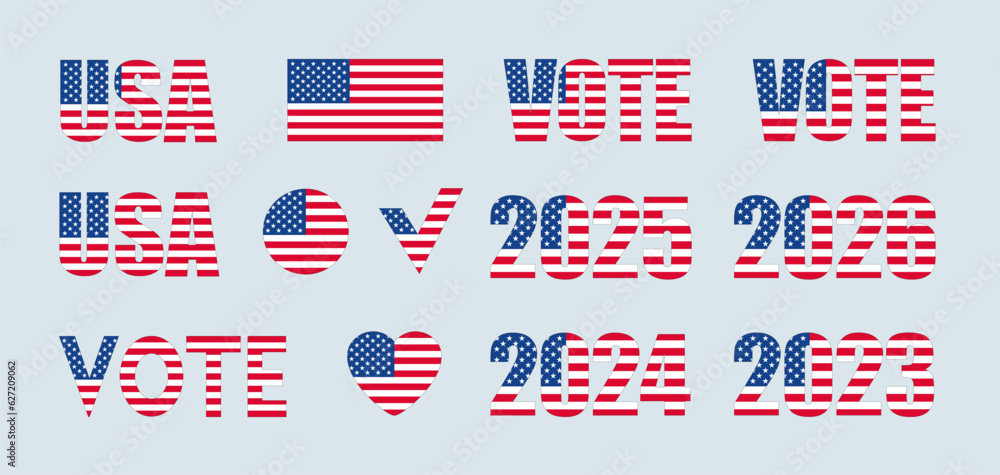 Vote, US Flag, Vector illustration, Stars and stripes, Sticker set, Design elements, Heart, 4th of July, Debate