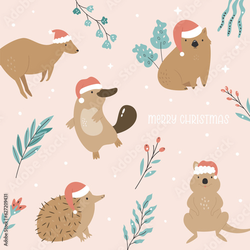Christmas greeting card with funny Australian animals in Santa hats kangaroo, platypus, wombat, echidna, quokka.