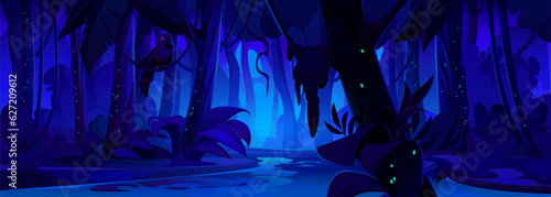 Night jungle forest with river cartoon background. Lake, fantasy tree, palm and bush scene illustration. Amazon riverside location area for game with green firefly glow. Outside travel environment