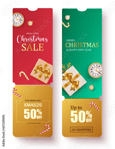 Christmas sale voucher vector poster set. Christmas gift coupon discount card layout collection for holiday season shopping discount vouchers. Vector illustration gift certificate lay out.