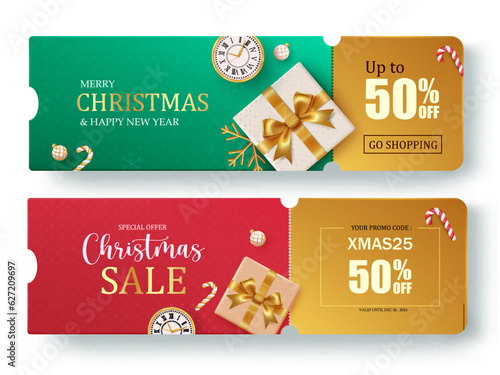 Christmas sale voucher set vector banner. Christmas gift discount coupon collection for holiday season shopping sale. Vector illustration gift vouchers lay out.
