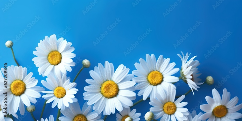 Obraz premium Beautiful chamomile flowers on a bright colorful blue background. Floral summer spring background for design