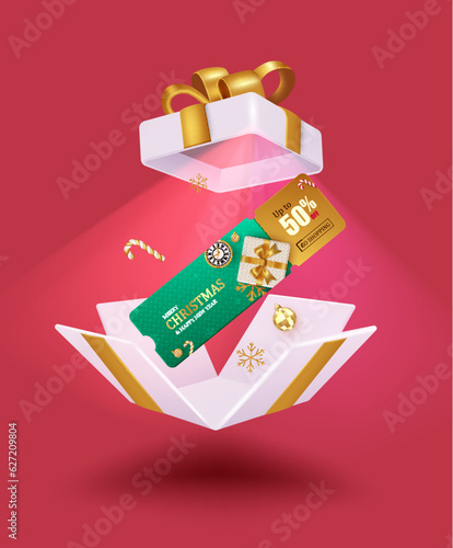 Christmas gift voucher vector design. Merry christmas and happy new year gift certificate for holiday shopping discount. Vector illustration holiday season vouchers concept.