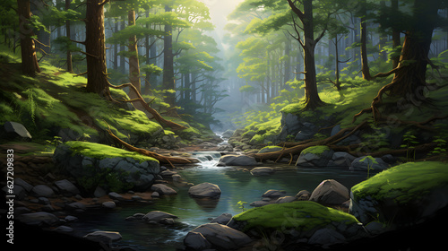 serene forest landscape with lush greenery and flowing river