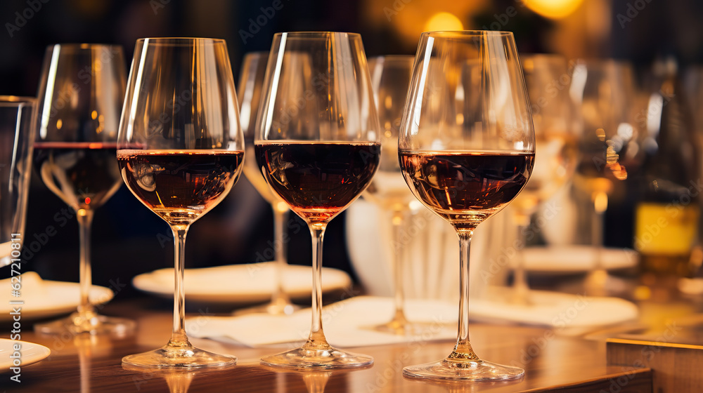 Elegant Art Wine Glasses Arranged Beautifully on a Stylish Table Setting - Perfect for Wine Lovers and Fine Dining. created with Generative AI Elegant Art Wine Glasses Arranged Beautifully on a Stylish Table Setting - Perfect for Wine Lovers and Fine Dining. created with Generative AI