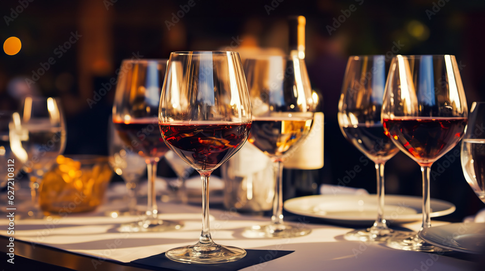Elegant Art Wine Glasses Arranged Beautifully on a Stylish Table Setting - Perfect for Wine Lovers and Fine Dining. created with Generative AI Elegant Art Wine Glasses Arranged Beautifully on a Stylish Table Setting - Perfect for Wine Lovers and Fine Dining. created with Generative AI
