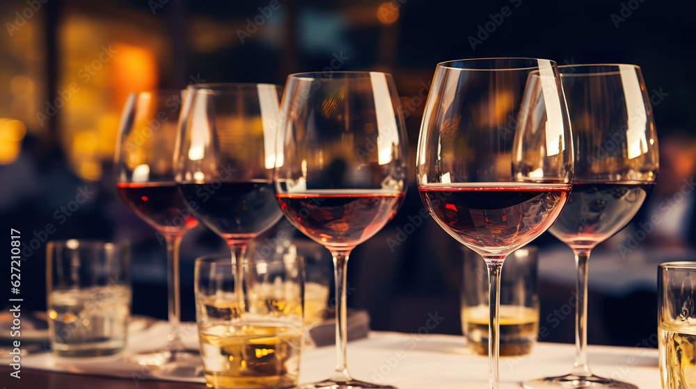 Elegant Art Wine Glasses Arranged Beautifully on a Stylish Table Setting - Perfect for Wine Lovers and Fine Dining. created with Generative AI Elegant Art Wine Glasses Arranged Beautifully on a Stylish Table Setting - Perfect for Wine Lovers and Fine Dining. created with Generative AI